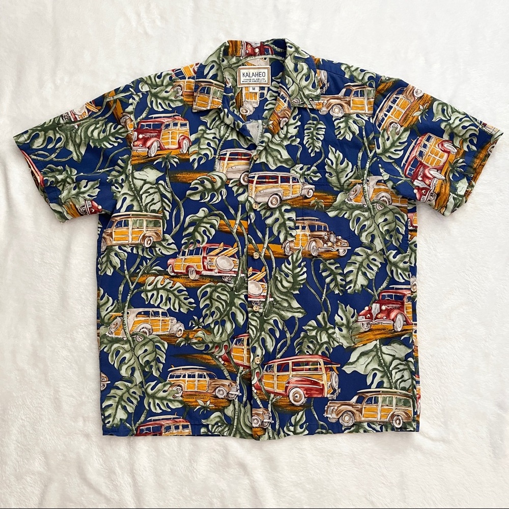 KALAHEO Hawaiian Shirt Mens Size Medium Woody and Palm Leaf Print Short Sleeve